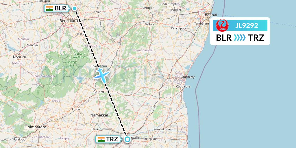 JL9292 Japan Airlines Flight Map: Bangalore to Tiruchirapalli
