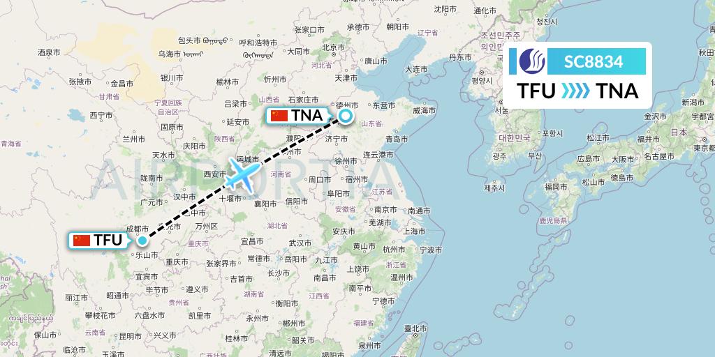 SC8834 Shandong Airlines Flight Map: Chengdu to Jinan