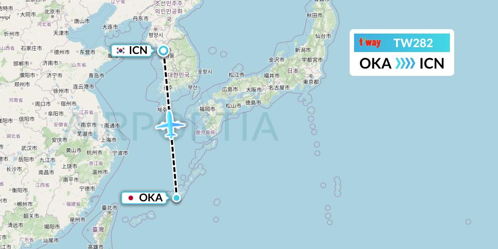 TW282 T'way Air Flight Map: Naha to Seoul