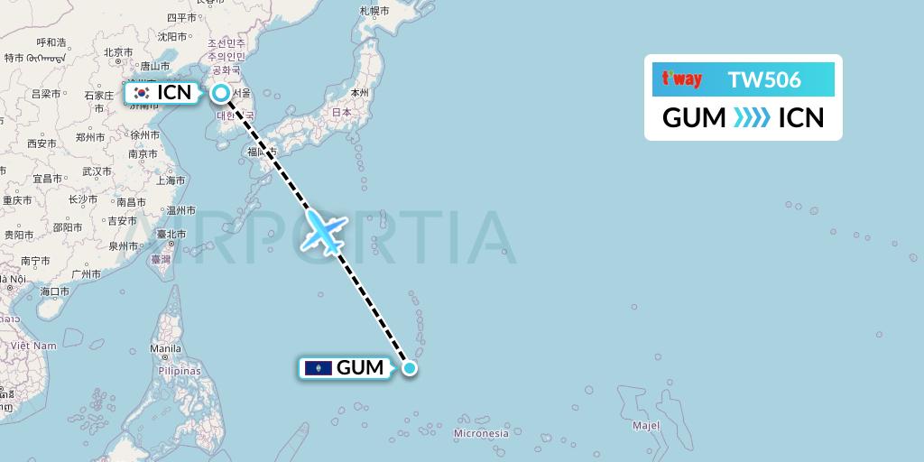 TW506 T'way Air Flight Map: Guam to Seoul