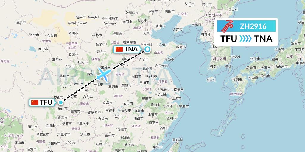 ZH2916 Shenzhen Airlines Flight Map: Chengdu to Jinan