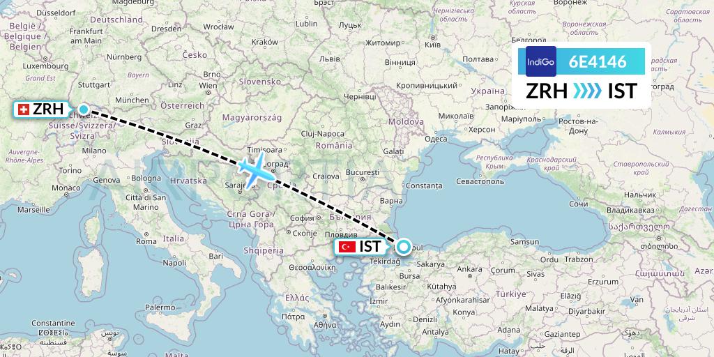 6E4146 IndiGo Airlines Flight Map: Zurich to Istanbul