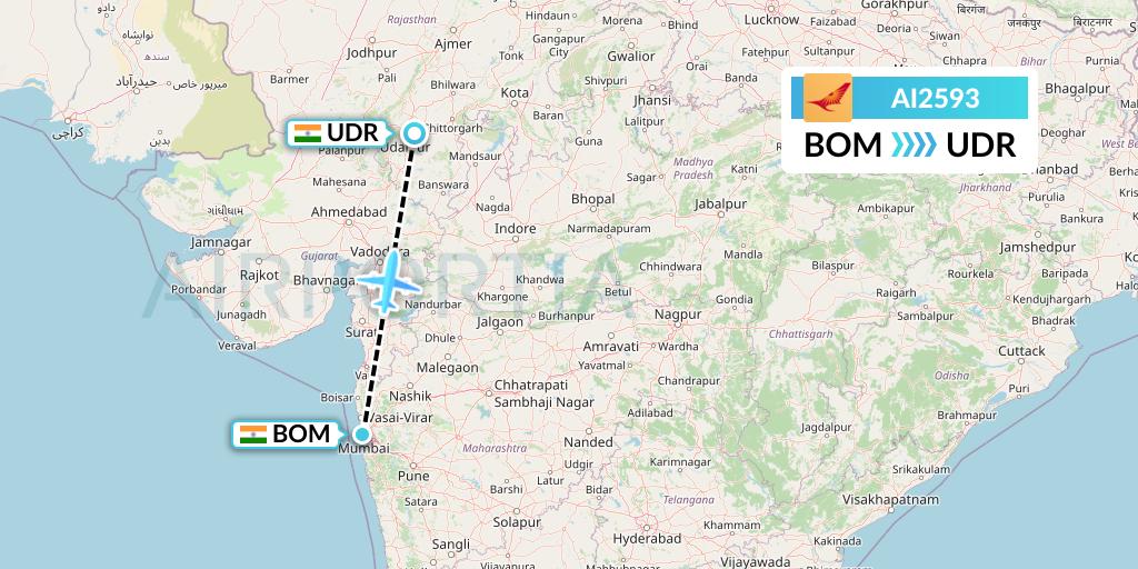 AI2593 Air India Flight Map: Mumbai to Udaipur