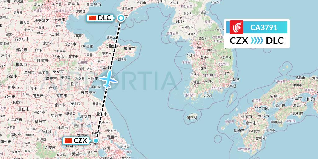 CA3791 Air China Flight Map: Changzhou to Dalian