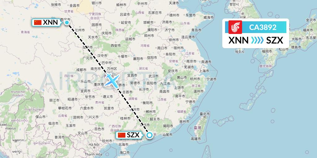 CA3892 Air China Flight Map: Xining to Shenzhen