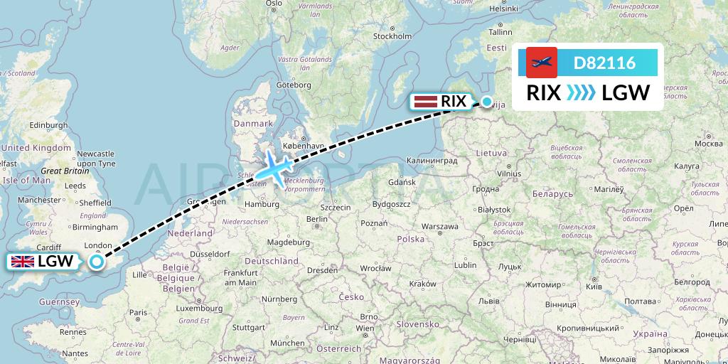 D82116 Norwegian Air International Flight Map: Riga to London