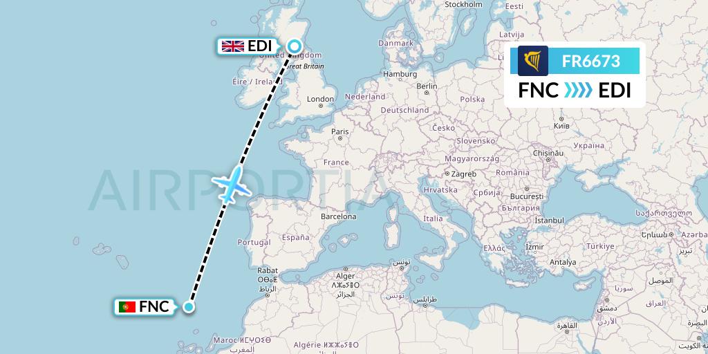 FR6673 Ryanair Flight Map: Funchal to Edinburgh