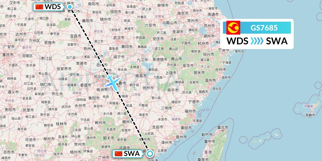 GS7685 Tianjin Airlines Flight Map: Shiyan to Jieyang