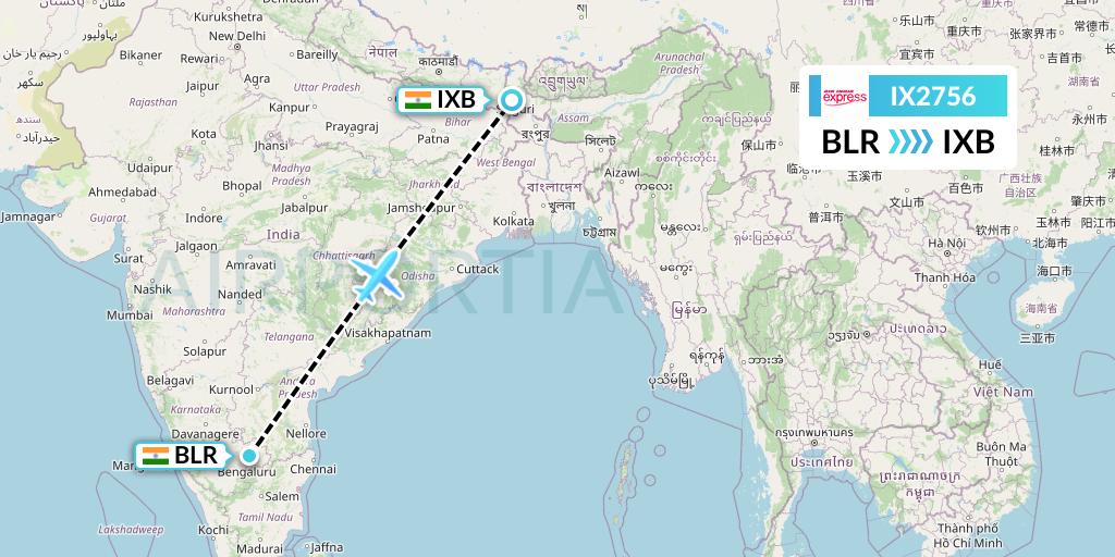 IX2756 Air India Express Flight Map: Bangalore to Siliguri