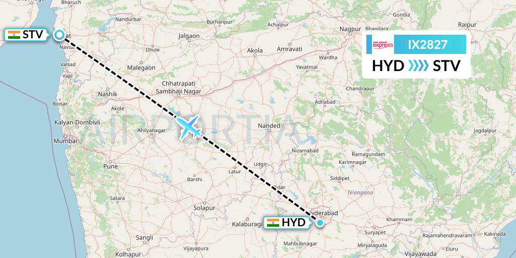 IX2827 Air India Express Flight Map: Hyderabad to Surat