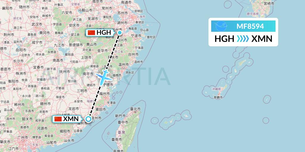 MF8594 Xiamen Airlines Flight Map: Hangzhou to Xiamen