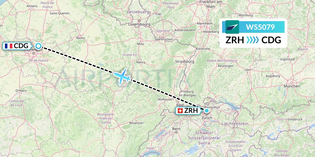WS5079 WestJet Flight Map: Zurich to Paris