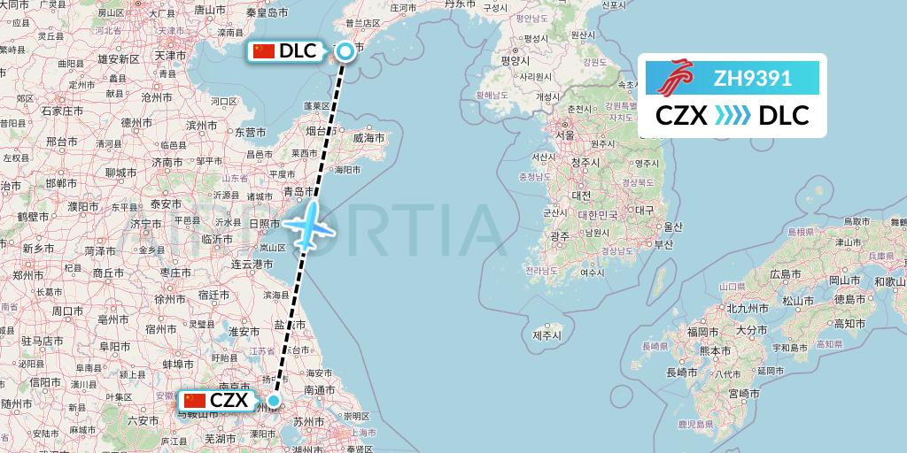 ZH9391 Shenzhen Airlines Flight Map: Changzhou to Dalian