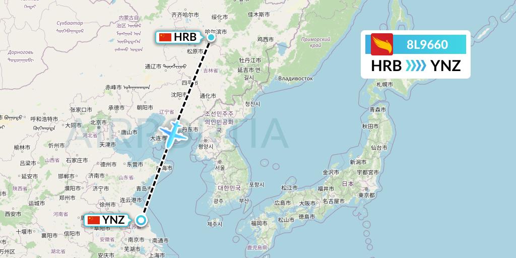 8L9660 Lucky Air Flight Map: Harbin to Yancheng