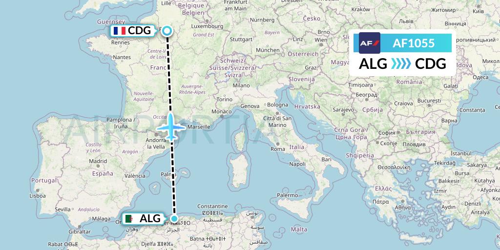 AF1055 Air France Flight Map: Algiers to Paris