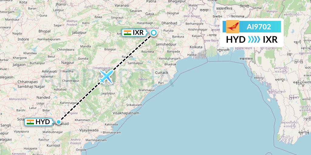 AI9702 Air India Flight Map: Hyderabad to Ranchi