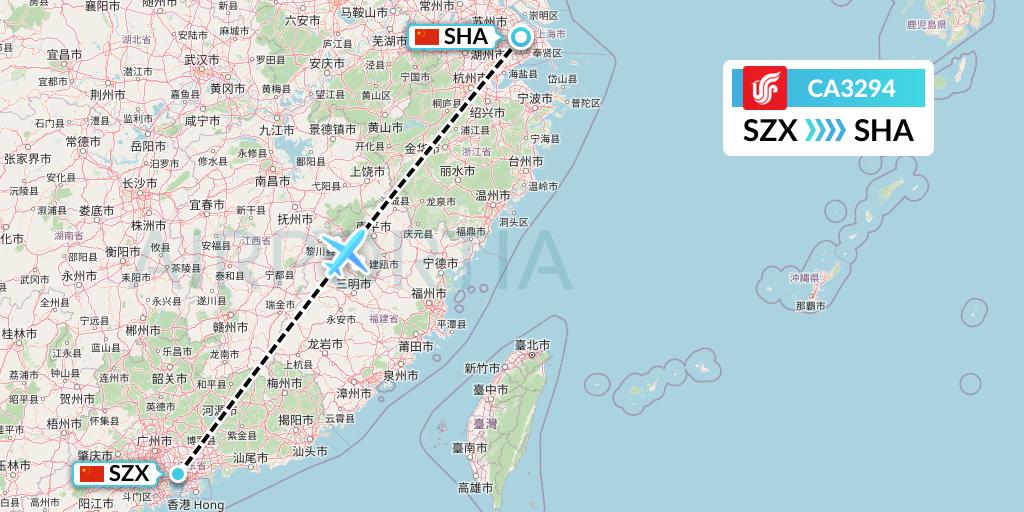 CA3294 Air China Flight Map: Shenzhen to Shanghai