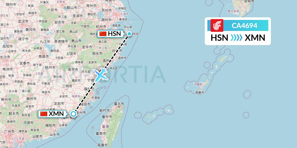 CA4694 Air China Flight Map: Zhoushan to Xiamen