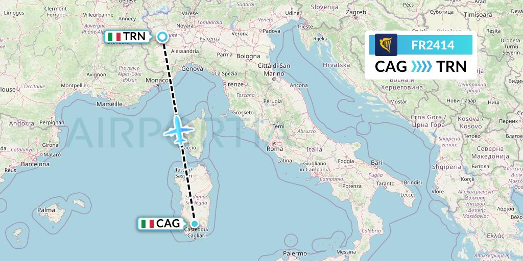 FR2414 Ryanair Flight Map: Cagliari to Turin