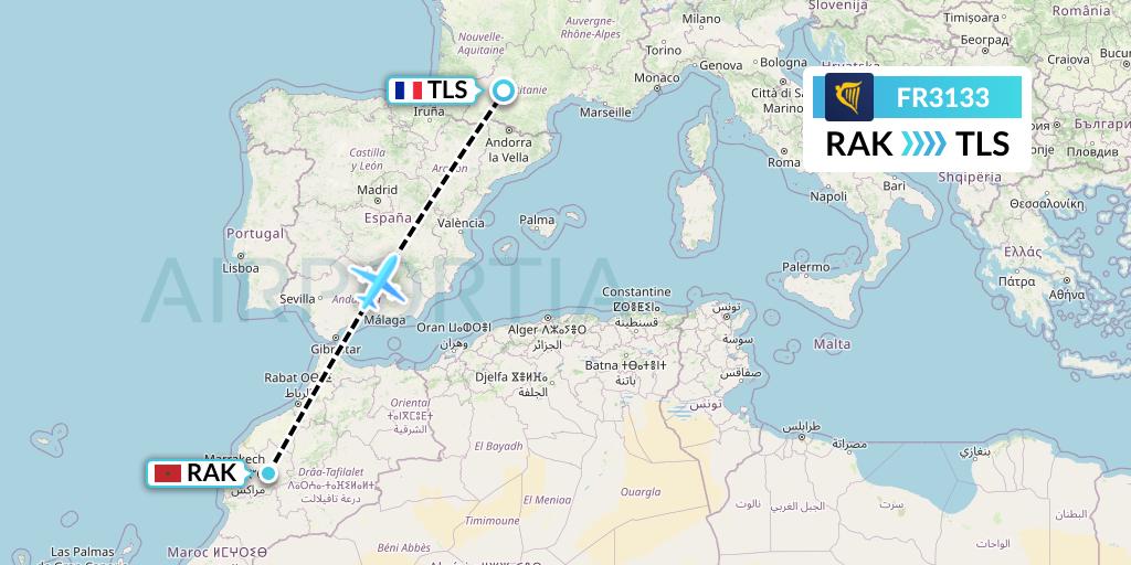 FR3133 Ryanair Flight Map: Marrakesh to Toulouse