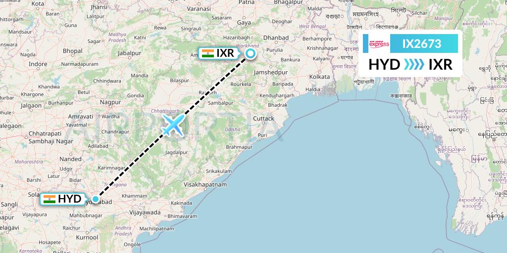 IX2673 Air India Express Flight Map: Hyderabad to Ranchi