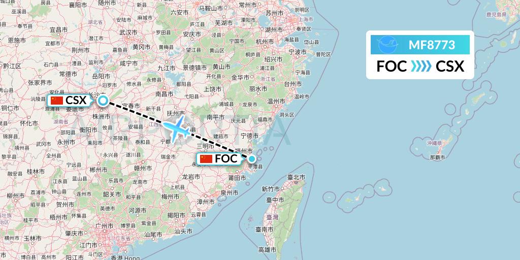 MF8773 Xiamen Airlines Flight Map: Fuzhou to Changsha
