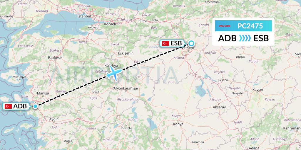 PC2475 Pegasus Airlines Flight Map: Izmir to Ankara