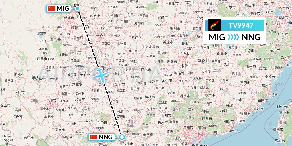 TV9947 Tibet Airlines Flight Map: Mianyang to Nanning