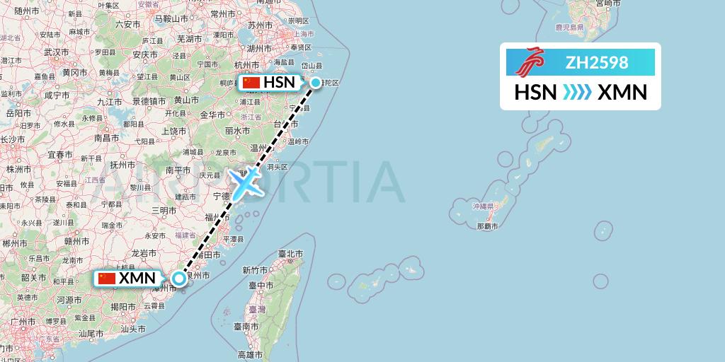 ZH2598 Shenzhen Airlines Flight Map: Zhoushan to Xiamen