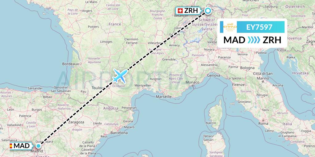 EY7597 Etihad Airways Flight Map: Madrid to Zurich