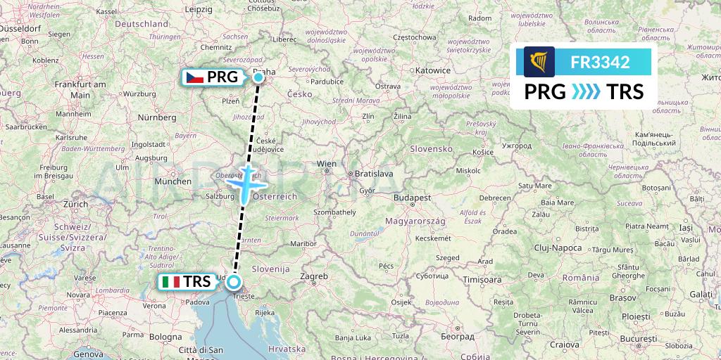 FR3342 Ryanair Flight Map: Prague to Trieste
