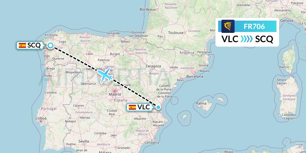 FR706 Ryanair Flight Map: Valencia to Santiago