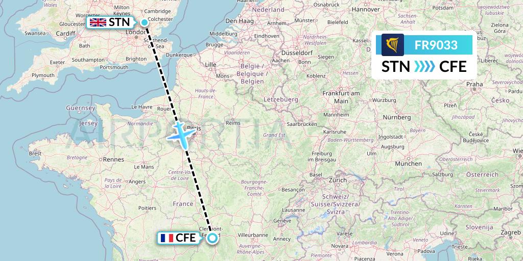 FR9033 Ryanair Flight Map: London to Clermont-Ferrand