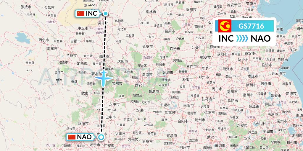 GS7716 Tianjin Airlines Flight Map: Yinchuan to Nanchong