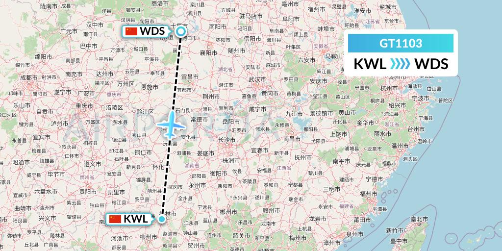 GT1103 Air Guilin Flight Map: Guilin to Shiyan