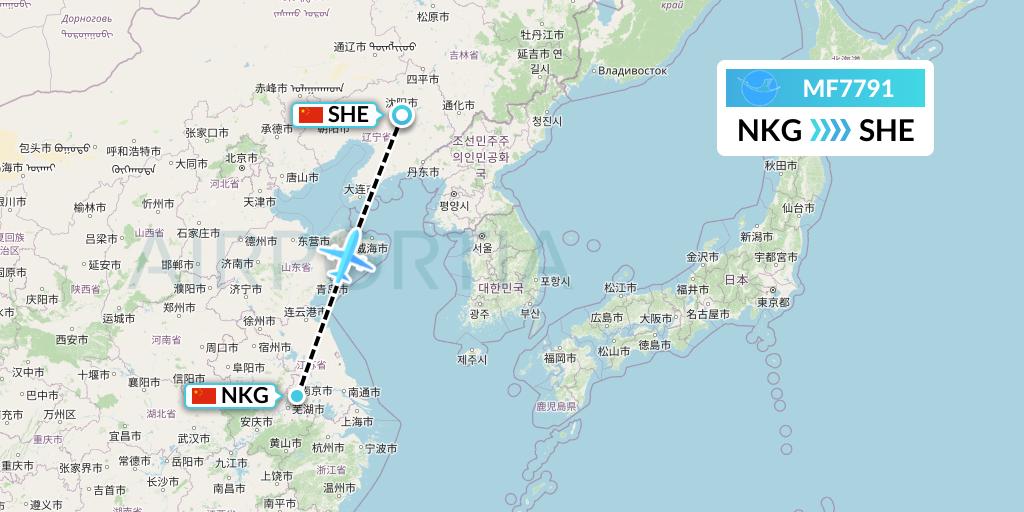 MF7791 Xiamen Airlines Flight Map: Nanjing to Shenyang