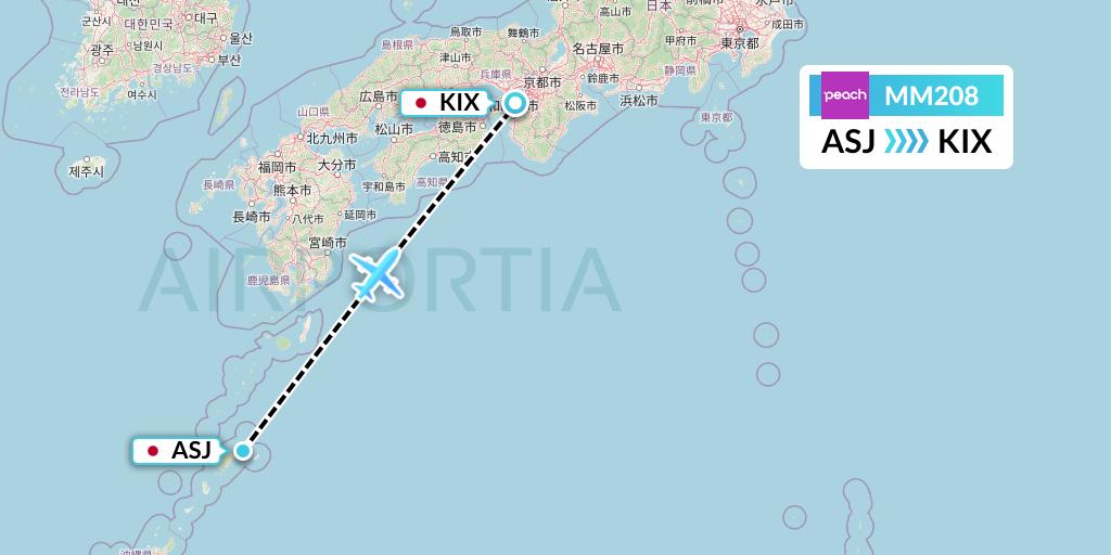 MM208 Peach Aviation Flight Map: Amami to Osaka