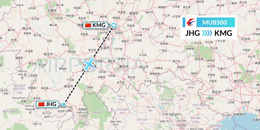 MU8500 China Eastern Airlines Flight Map: Jinghong to Kunming