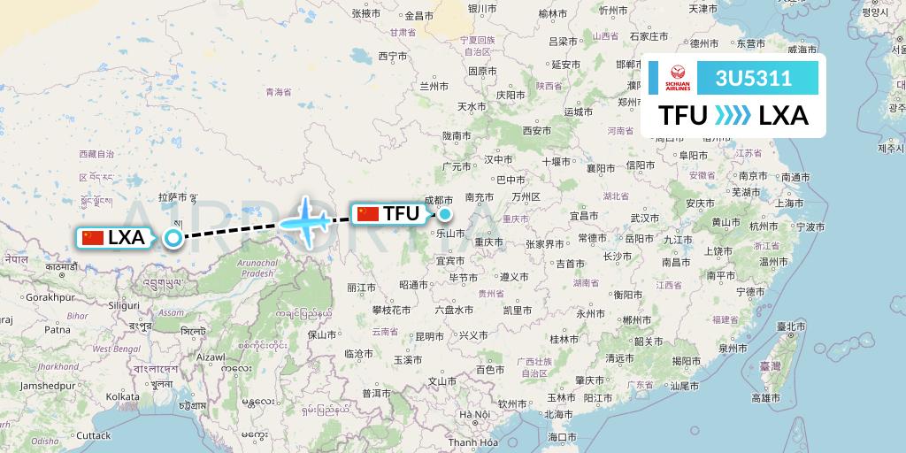 3U5311 Sichuan Airlines Flight Map: Chengdu to Lhasa
