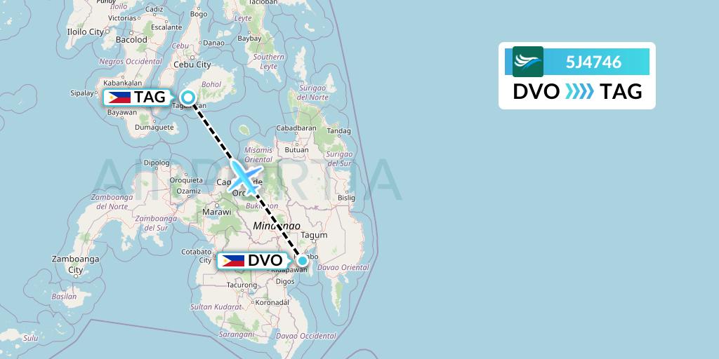 5J4746 CEBU Pacific Air Flight Map: Davao City to Tagbilaran City