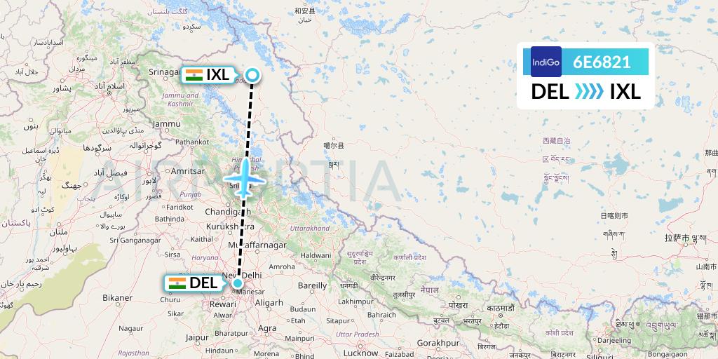 6E6821 IndiGo Airlines Flight Map: Delhi to Leh