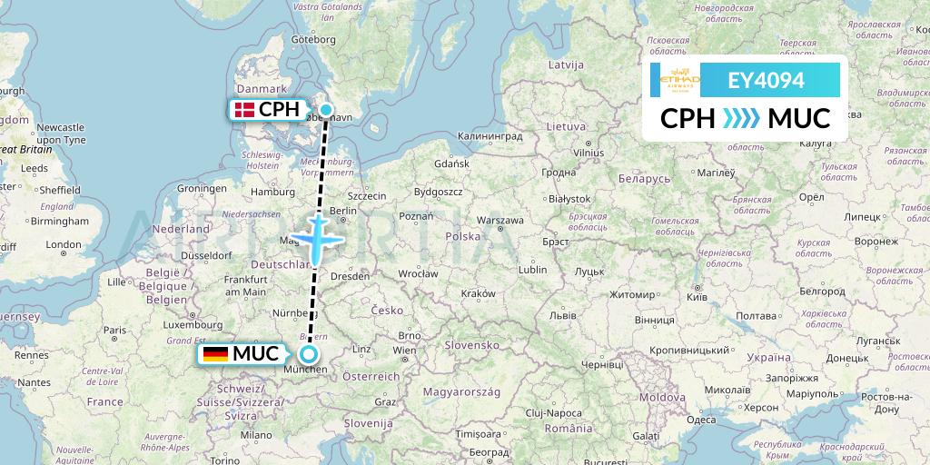 EY4094 Etihad Airways Flight Map: Copenhagen to Munich