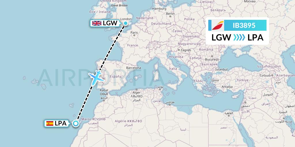 IB3895 Iberia Flight Map: London to Las Palmas
