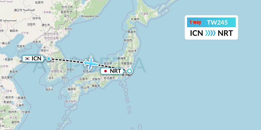 TW245 T'way Air Flight Map: Seoul to Tokyo