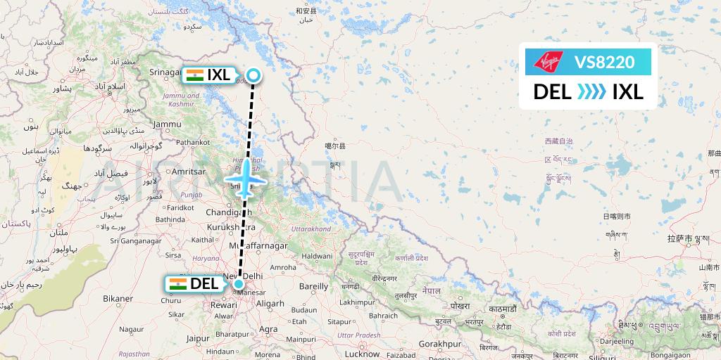 VS8220 Virgin Atlantic Airways Flight Map: Delhi to Leh