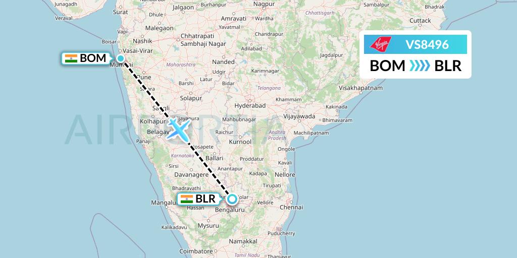 VS8496 Virgin Atlantic Airways Flight Map: Mumbai to Bangalore
