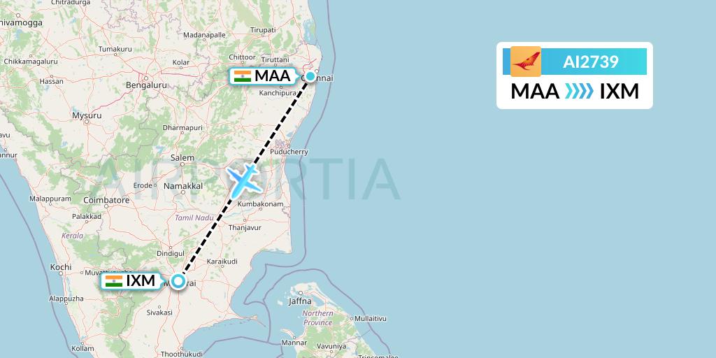 AI2739 Air India Flight Map: Chennai to Madurai