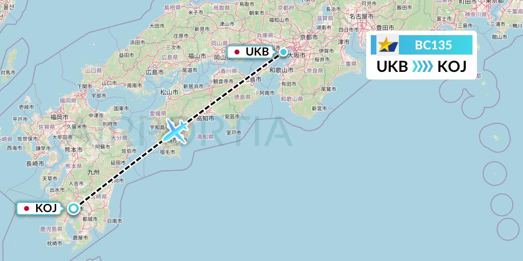 BC135 Skymark Airlines Flight Map: Kobe to Kagoshima