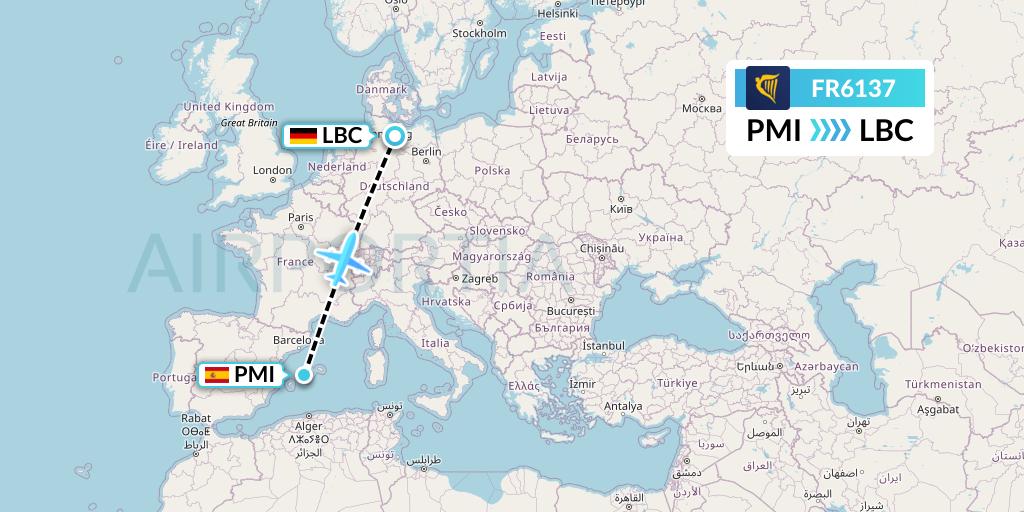 FR6137 Ryanair Flight Map: Palma de Mallorca to Lubeck