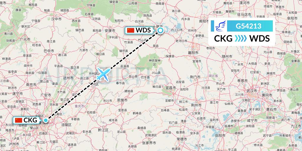 G54213 China Express Airlines Flight Map: Chongqing to Shiyan